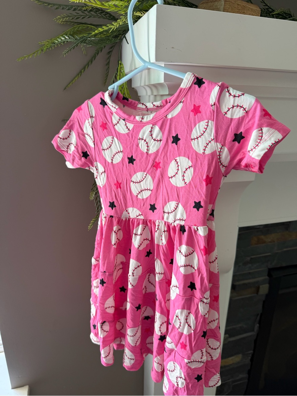 Girls' Pink Baseball Print Short Sleeve Dress